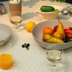 handblown short stem glass table setting fruit summer ritual