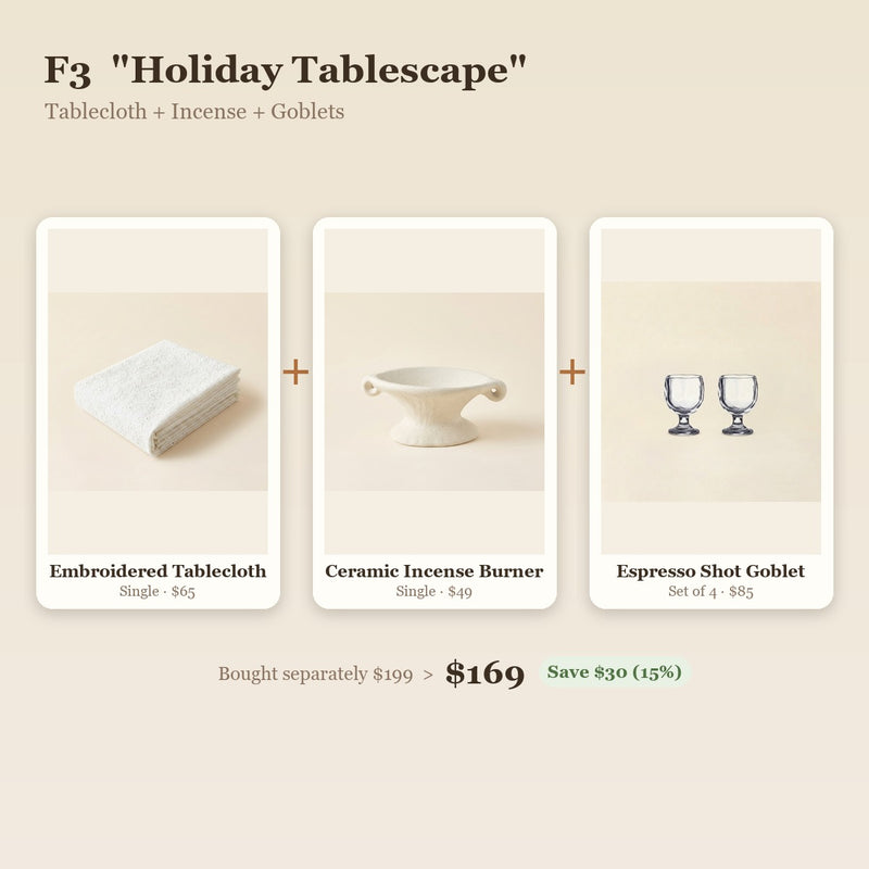 "Holiday Tablescape" Embroidered Tablecloth, Incense Tray & Drop Goblets