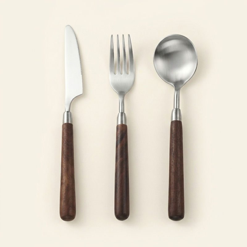 walnut wood handle flatware set brushed stainless steel SundayWare