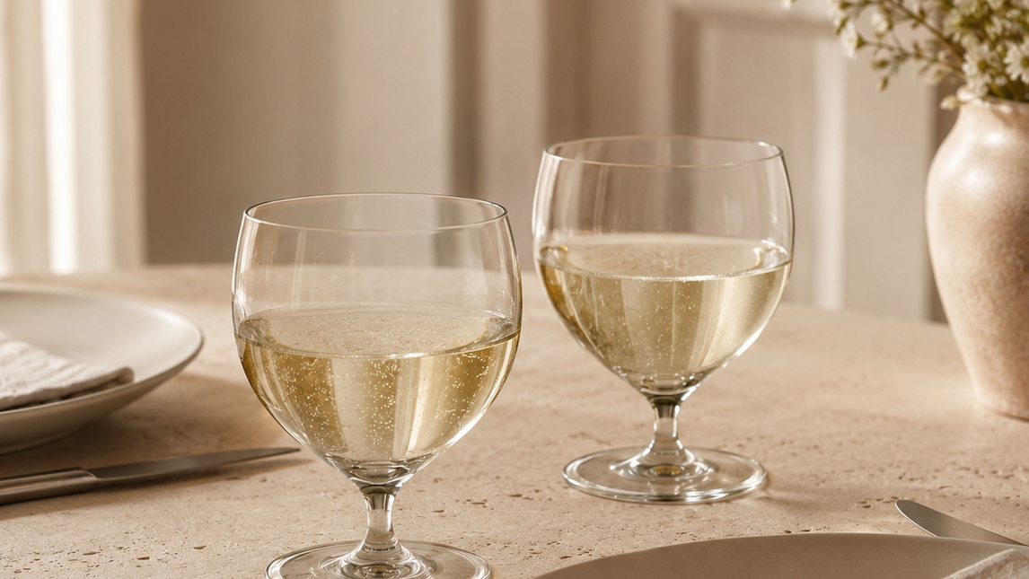 Two Vintage Bubble short-stem wine glasses in a warm dining setting