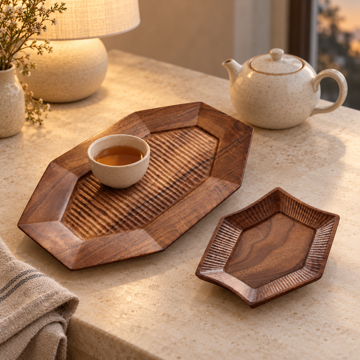 Carved Black Walnut Wood Tray & Dish