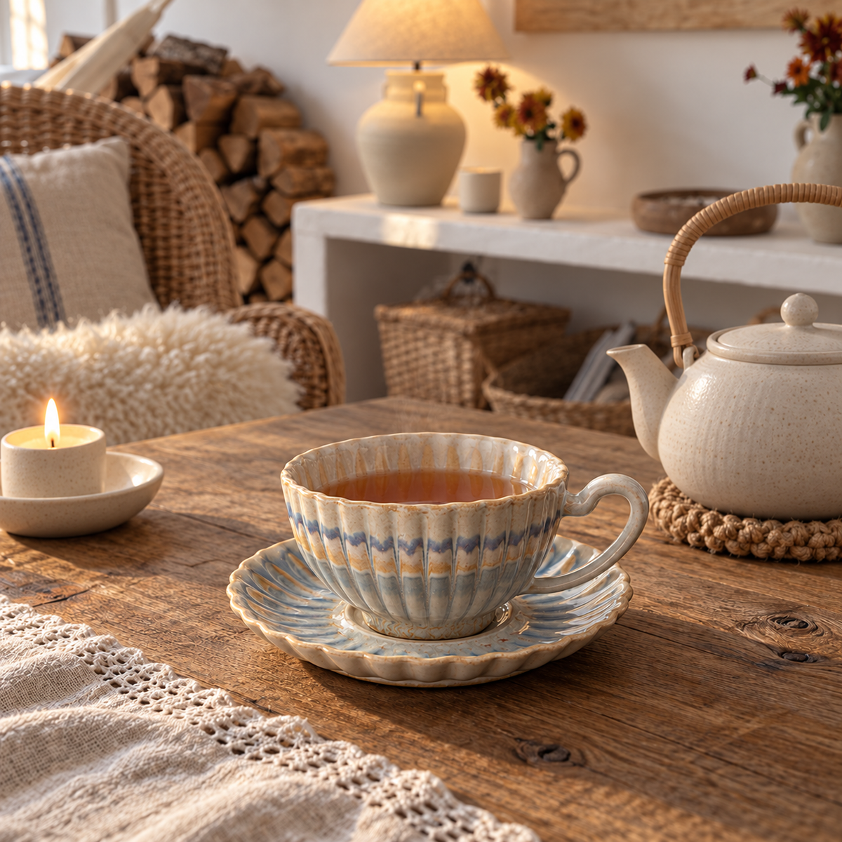 Fluted Ceramic Coffee Cup & Saucer Set, 160 ml / 5.4 US fl oz