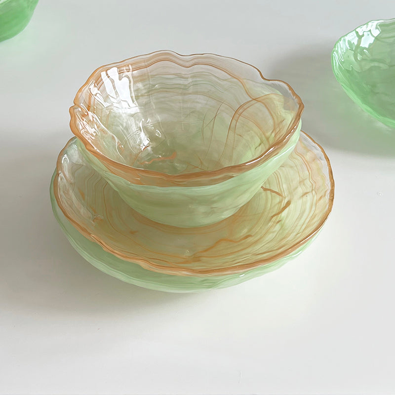 glass bowl and plate amber sand stacked set SundayWare