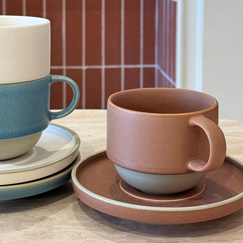 coffee cup and saucer set three colorways mist blue terracotta cream