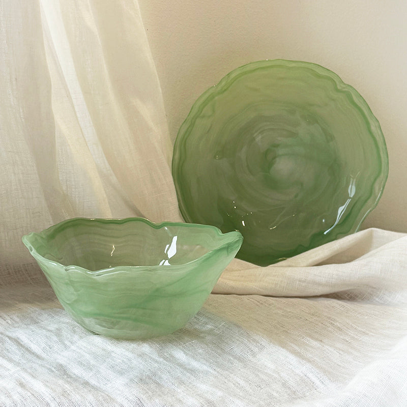 glass bowl and plate seafoam green wave mist collection