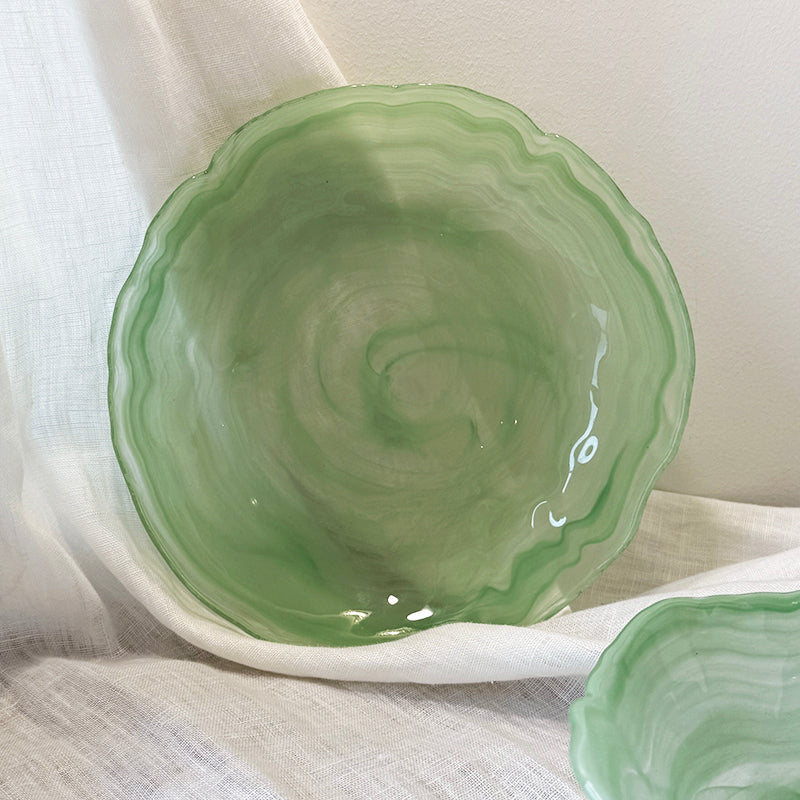 frosted glass bowl seafoam green scalloped rim artisan