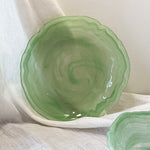 frosted glass bowl seafoam green scalloped rim artisan
