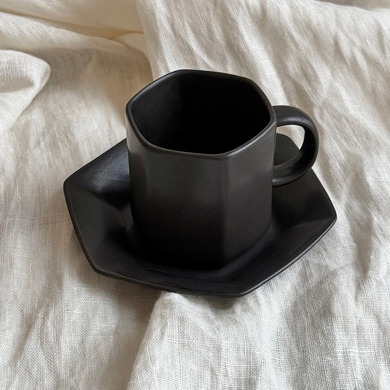 matte black ceramic tea cup saucer velvet glaze detail