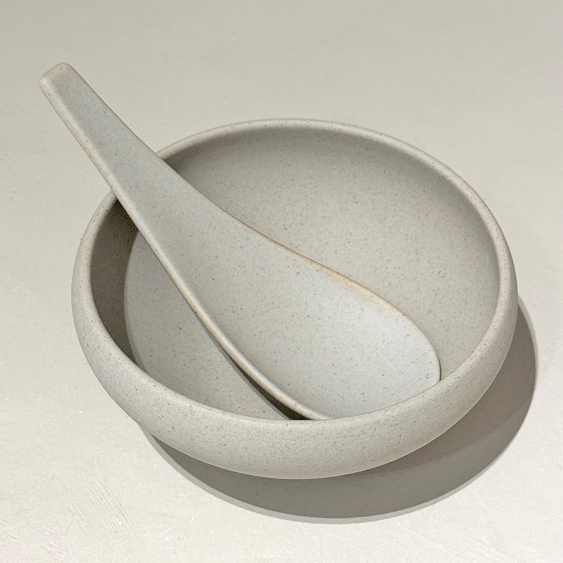 Spoon resting inside bowl top view