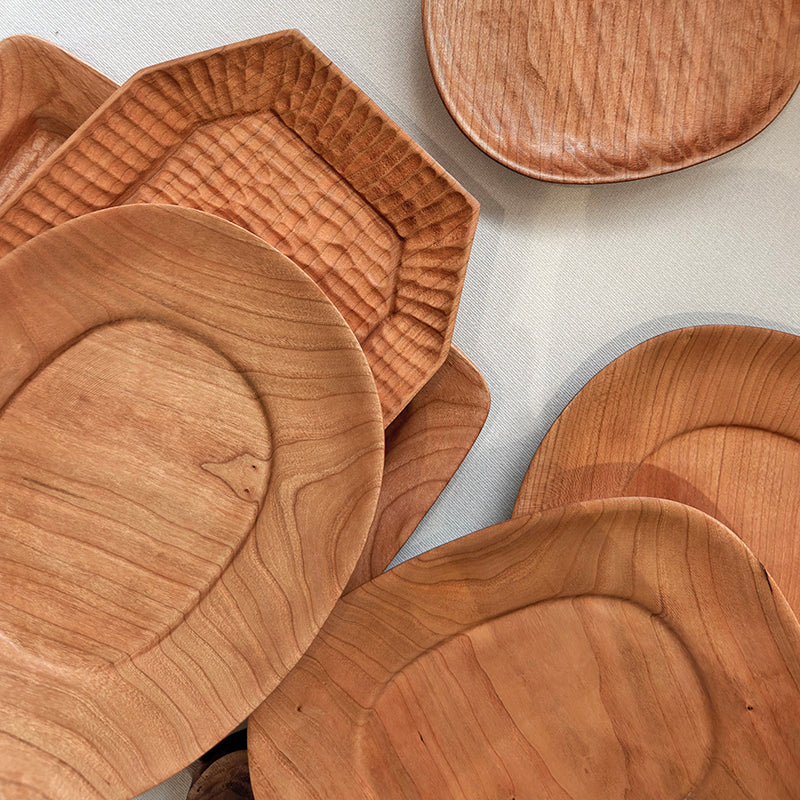 Hand-Carved Cherry Wood Plate Set