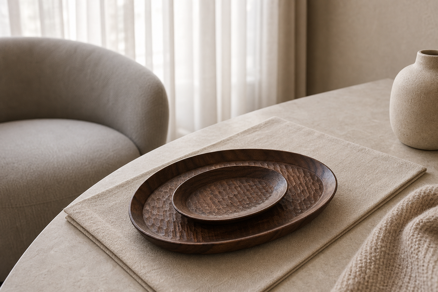 Hand-Carved Oval Walnut Tray Set