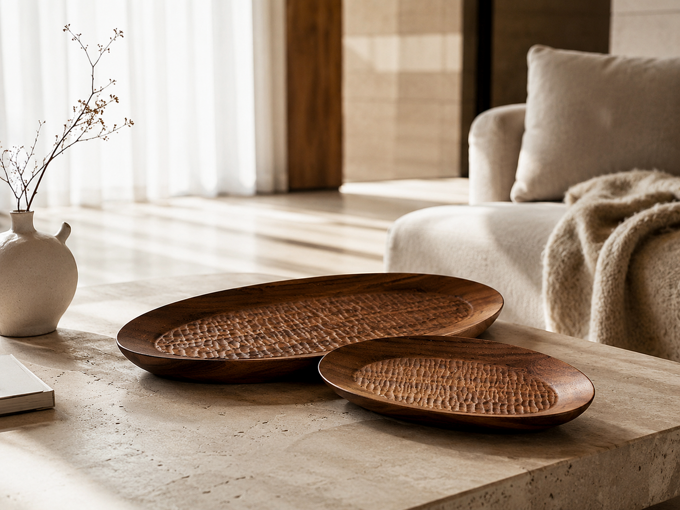Hand-Carved Oval Walnut Tray Set