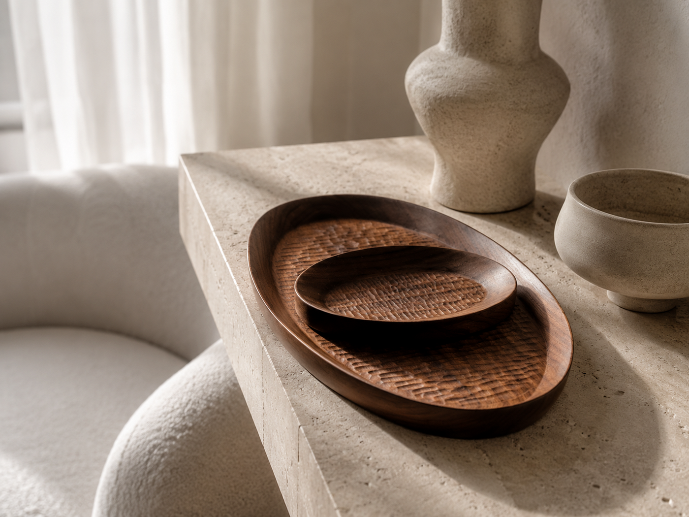 Hand-Carved Oval Walnut Tray Set