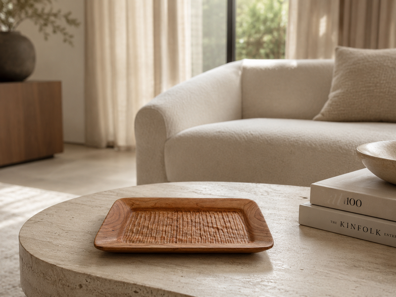 Hand-Carved Rectangular Wooden Tray