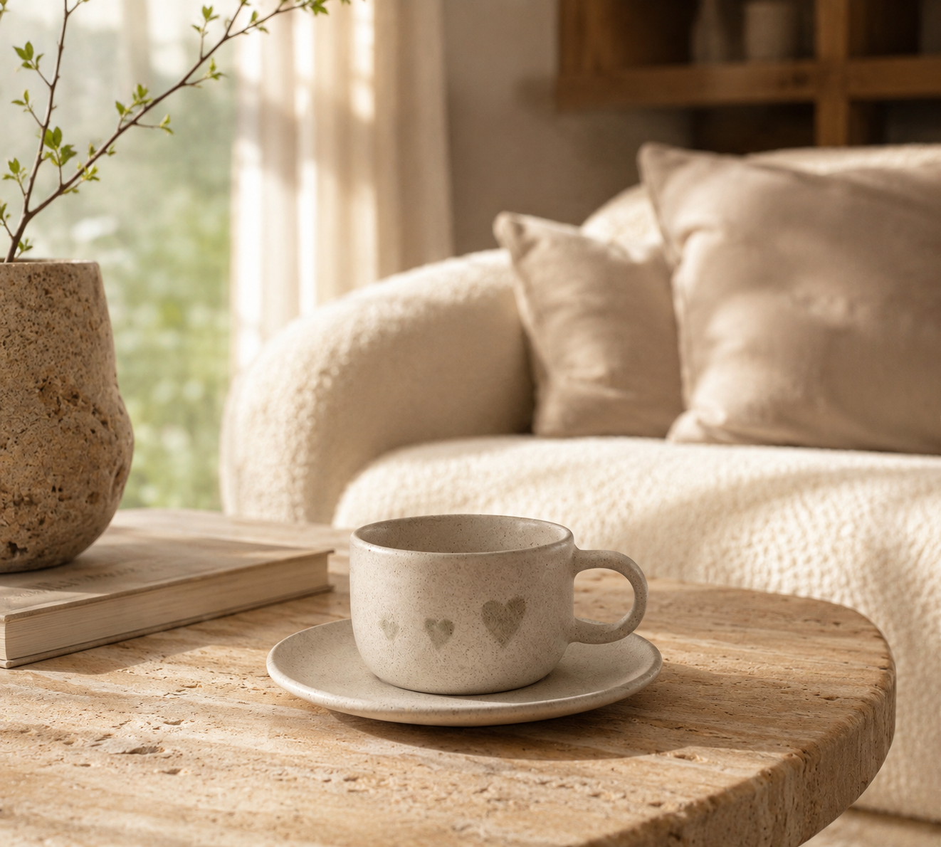 Handcrafted Heart-Print Ceramic Cup & Saucer Set