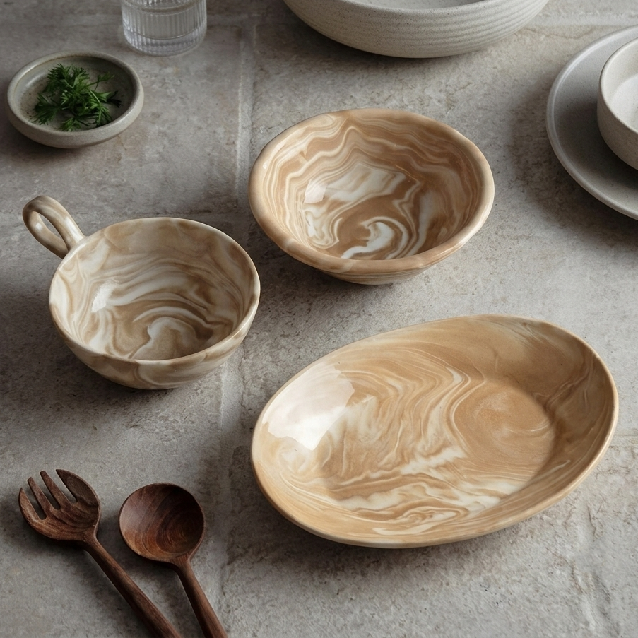 "Terra-Swirl" Nerikomi Marbled Ceramic Cup & Saucer Set