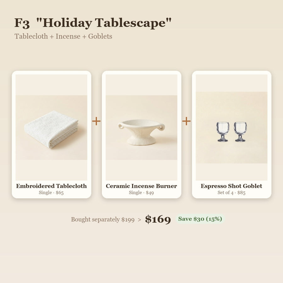 "Holiday Tablescape" Embroidered Tablecloth, Incense Tray & Drop Goblets — product image 1