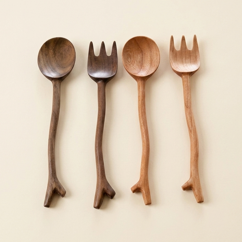 Four wooden forks and spoons with branch-shaped handles in dark and light wood