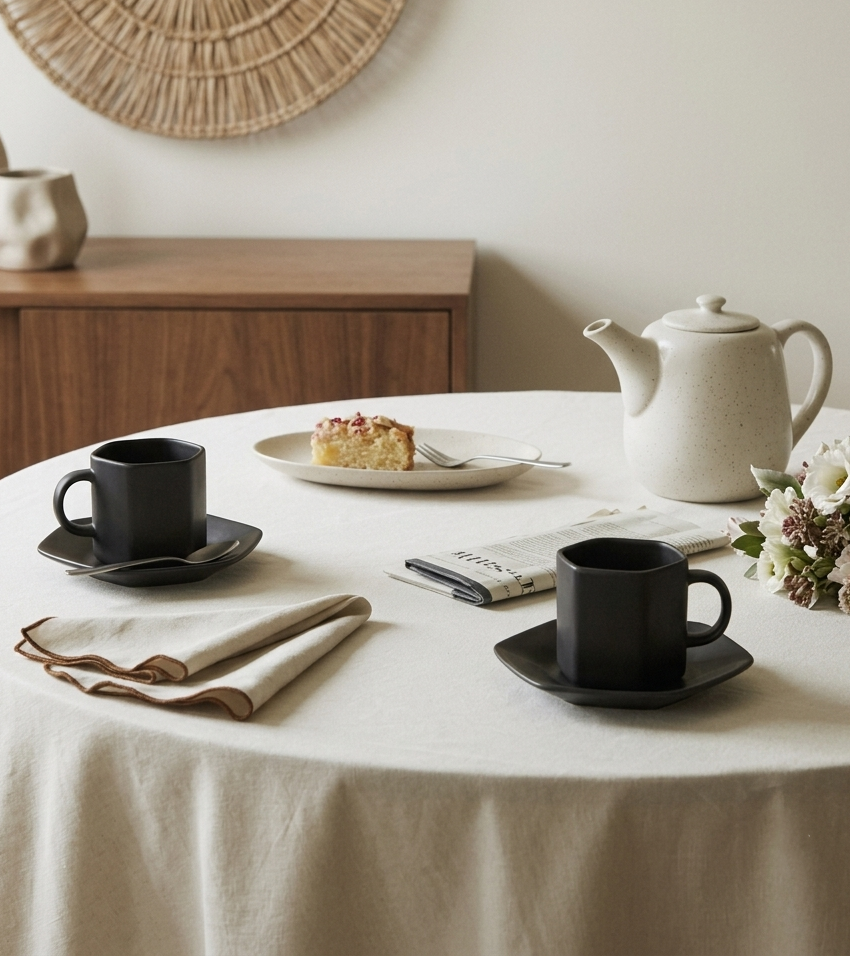 Modernist Matte Black Hexagonal Cup & Saucer Set