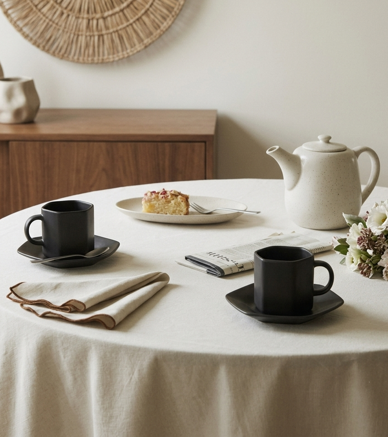 Modernist Matte Black Hexagonal Cup & Saucer Set
