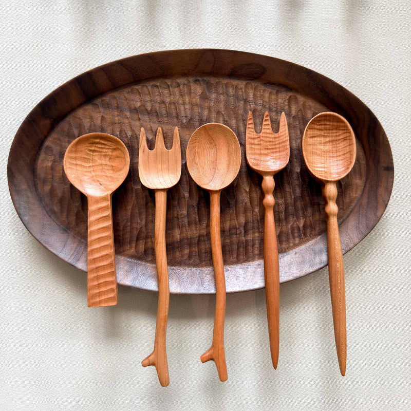 Hand-Carved spherical handle Wooden Fork & Spoon