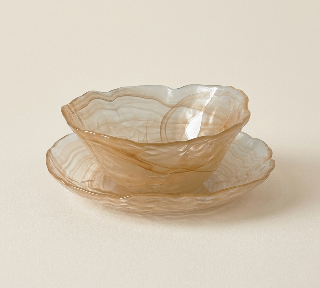 glass bowl and plate set amber sand scalloped edges SundayWare
