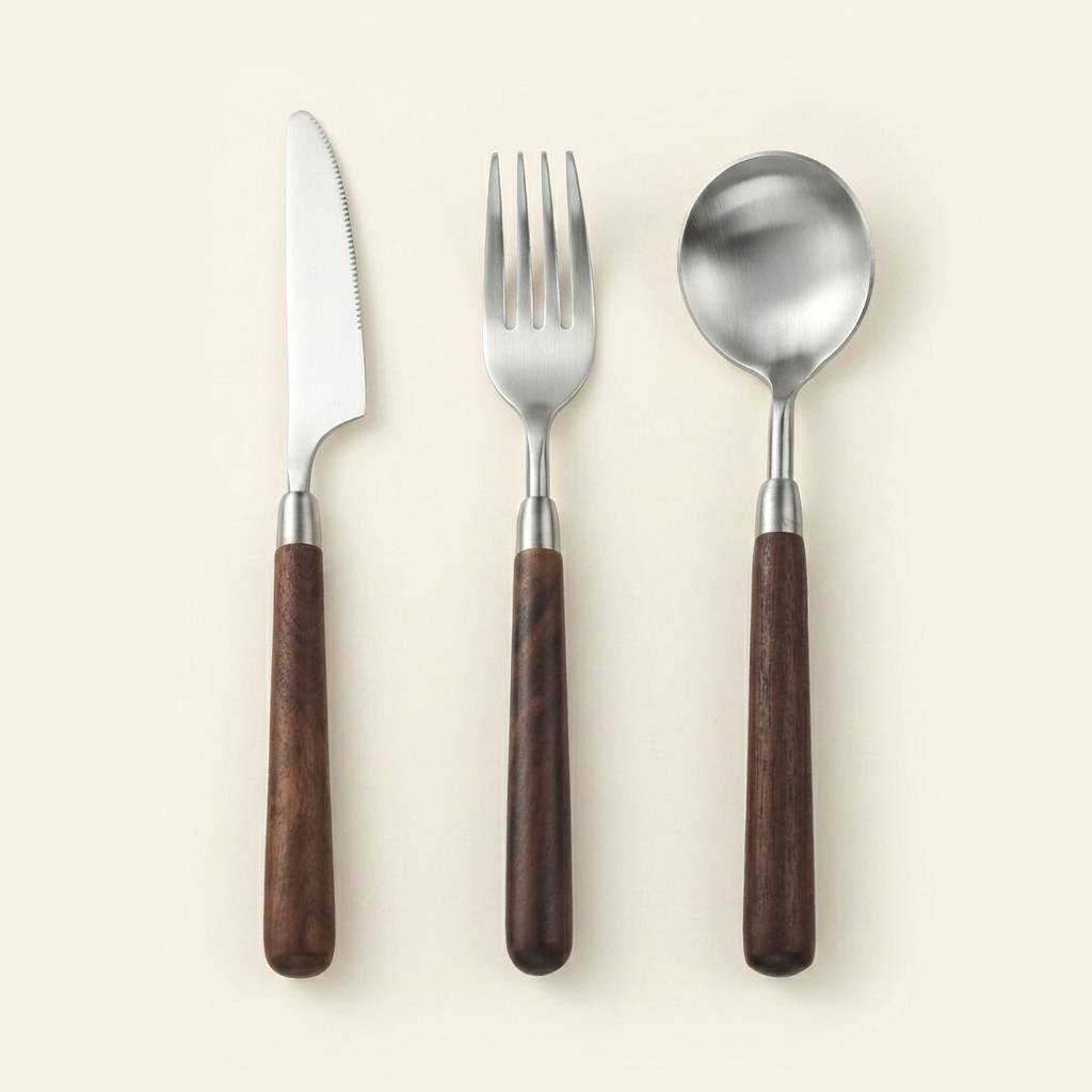 walnut wood handle flatware set brushed stainless steel SundayWare