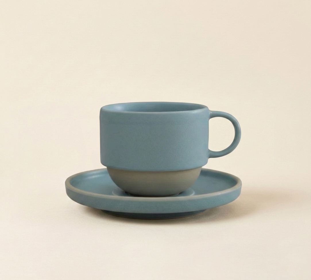coffee cup and saucer mist blue two-tone glaze SundayWare