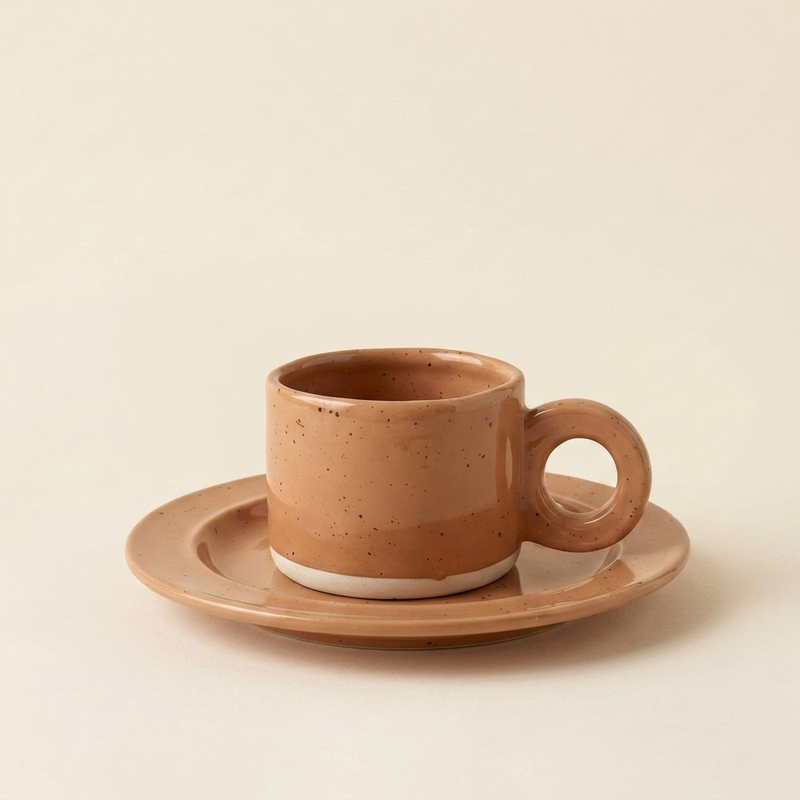 latte cup and saucer terracotta speckled glaze loop handle