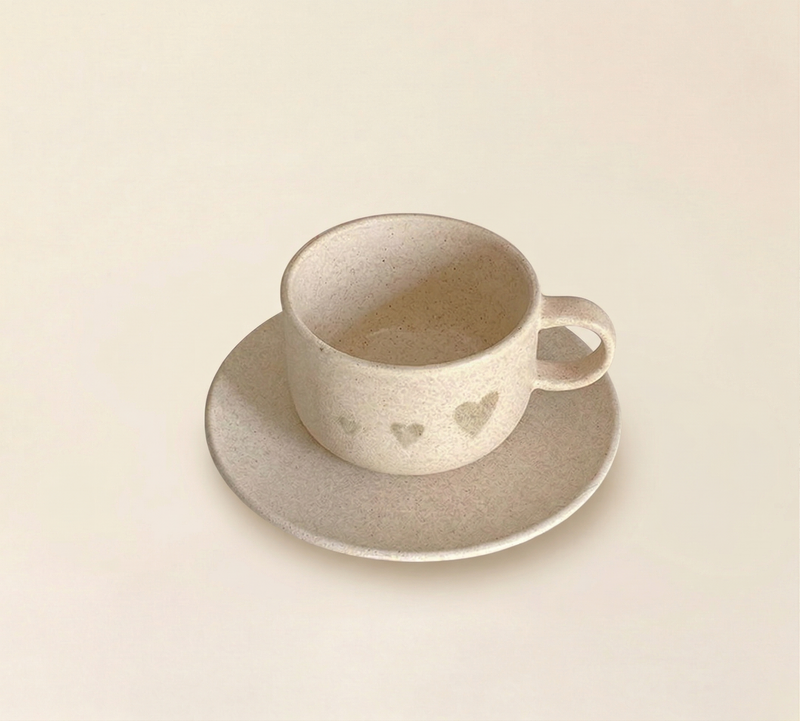 ceramic cup and saucer set heart print speckled matte glaze SundayWare