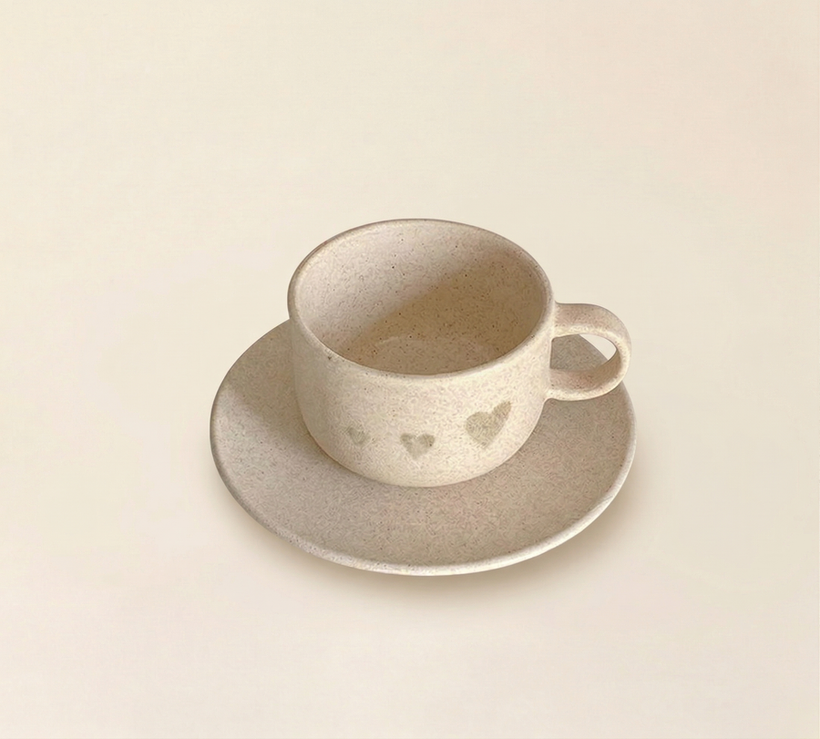 ceramic cup and saucer set heart print speckled matte glaze SundayWare