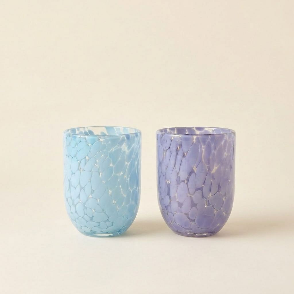 hand blown glass cups sky blue lavender artisan pair