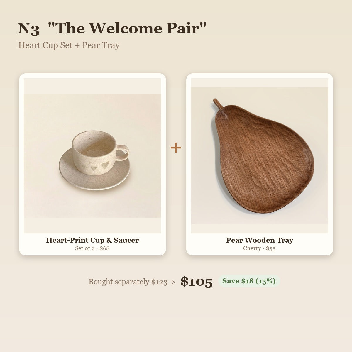 "The Welcome Pair" Heart Cup & Saucer Set with Cherry Pear Tray