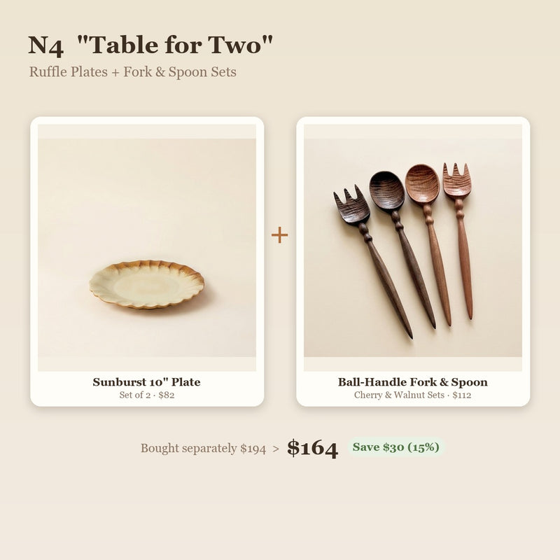 "Table for Two" Sunburst Dinner Plates & Wooden Cutlery Set