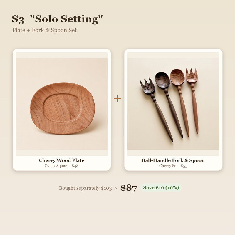 "Solo Setting" Handmade Cherry Plate & Wooden Cutlery Set
