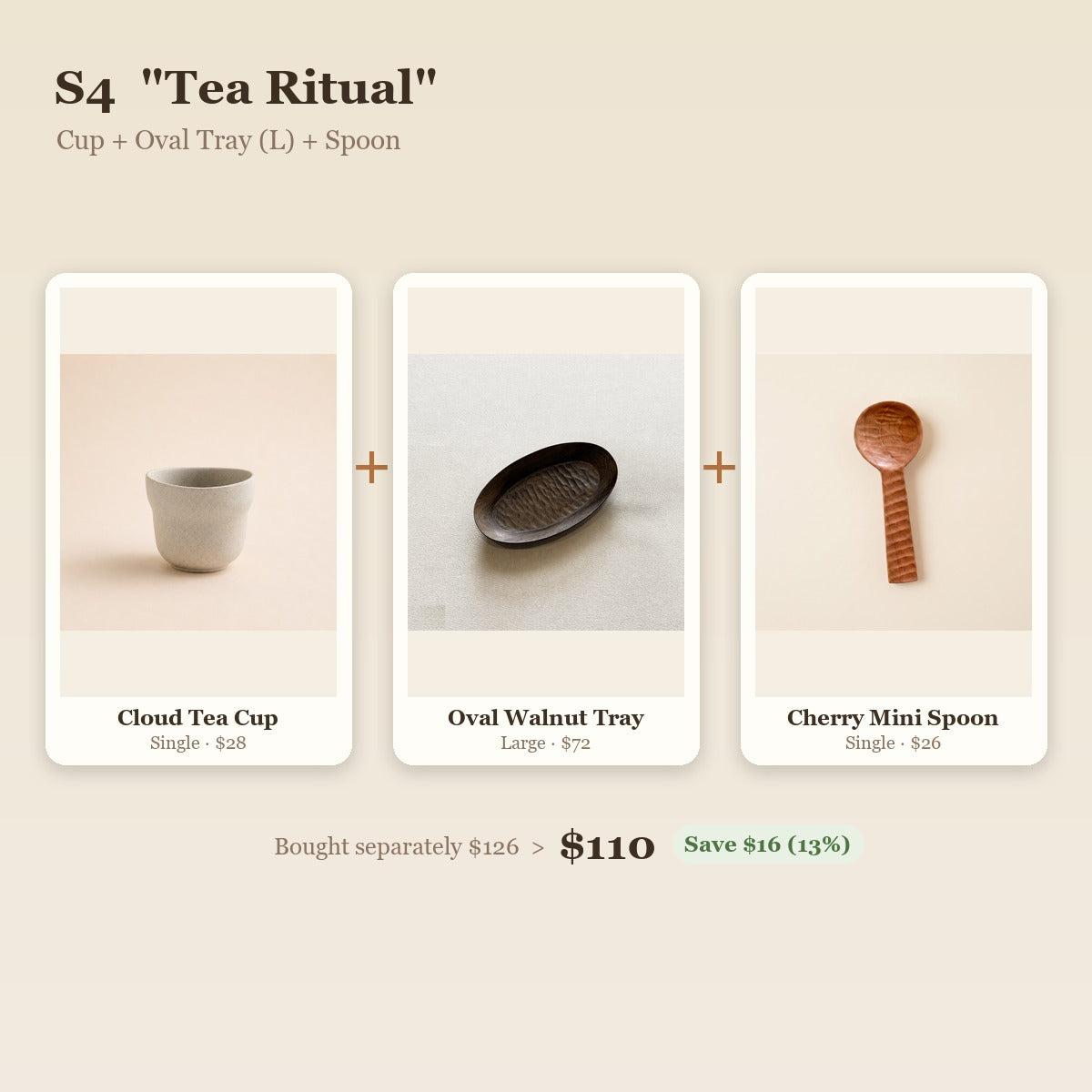 "Tea Ritual" Cloud Cup, Oval Walnut Tray & Cherry Spoon Set