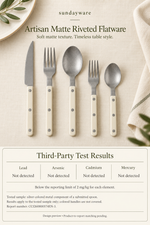 Artisan Matte Riveted Flatware with third-party test results for the submitted spoon metal sample; reporting limit 2 mg/kg.