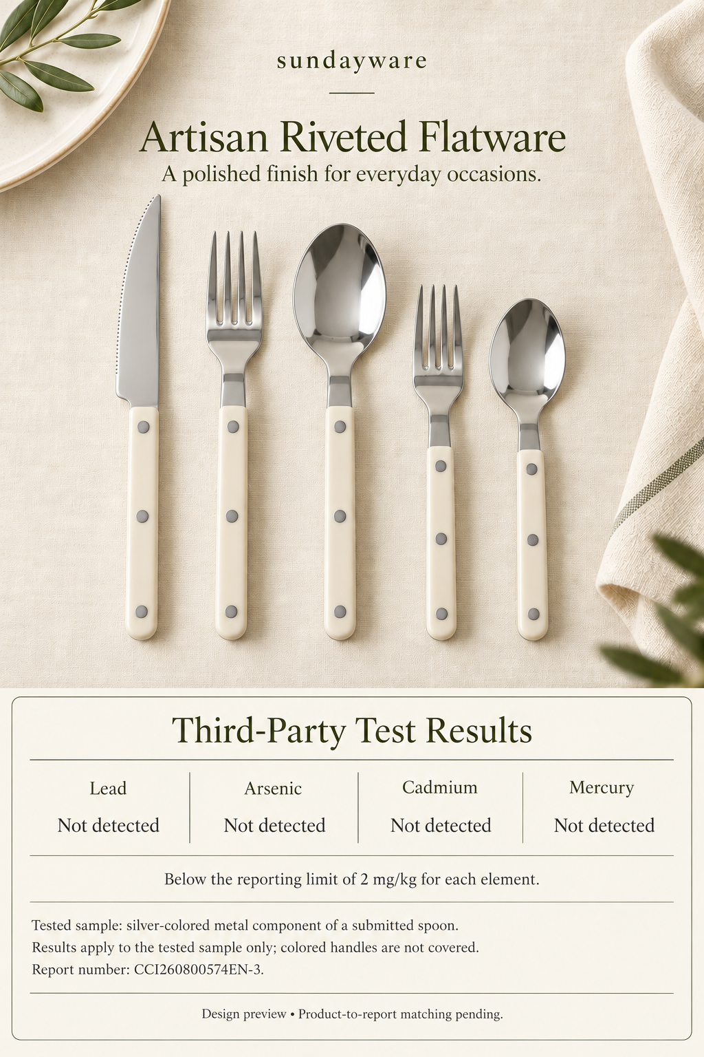 Artisan Riveted Flatware with third-party test results for the submitted spoon metal sample; reporting limit 2 mg/kg.