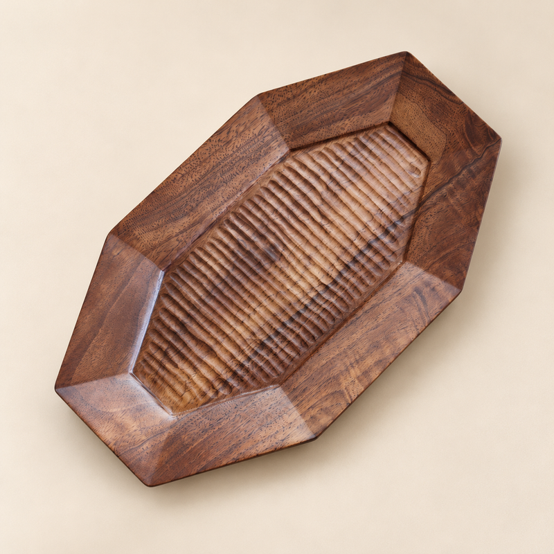 Large black walnut wood tray with carved centre, 27 by 16 cm