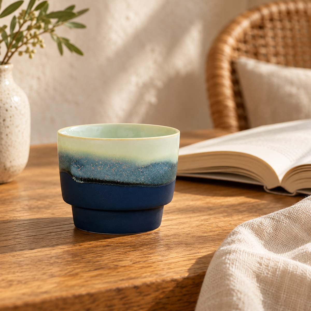 Blue handleless ceramic coffee cup beside a book