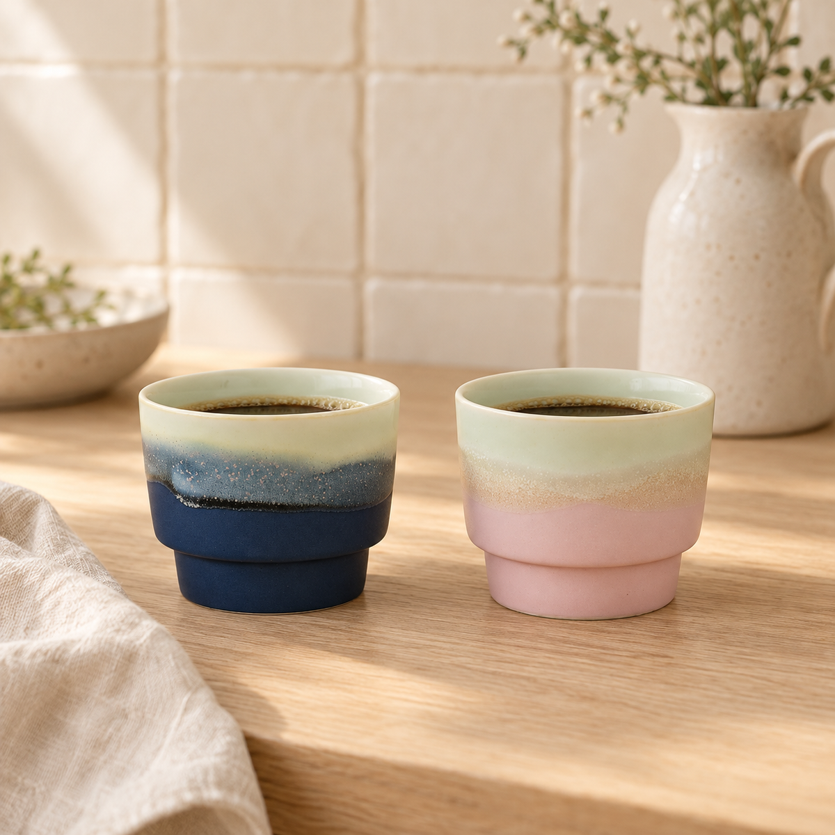 Set of two 170 ml ceramic coffee cups in Blue and Pink on a breakfast table