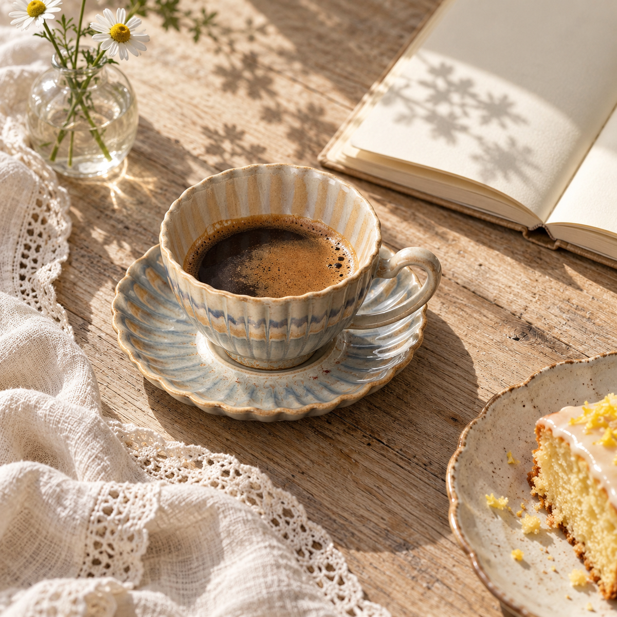 Blue Grey coffee cup and saucer with a notebook and flowers on an oak table