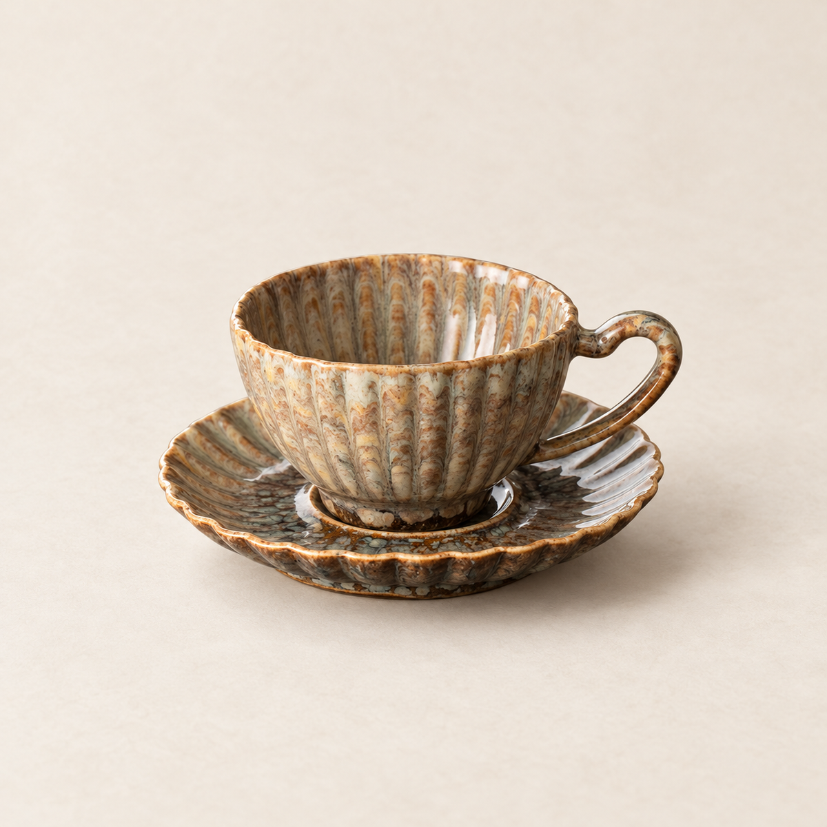 Earth Brown fluted ceramic coffee cup and matching saucer