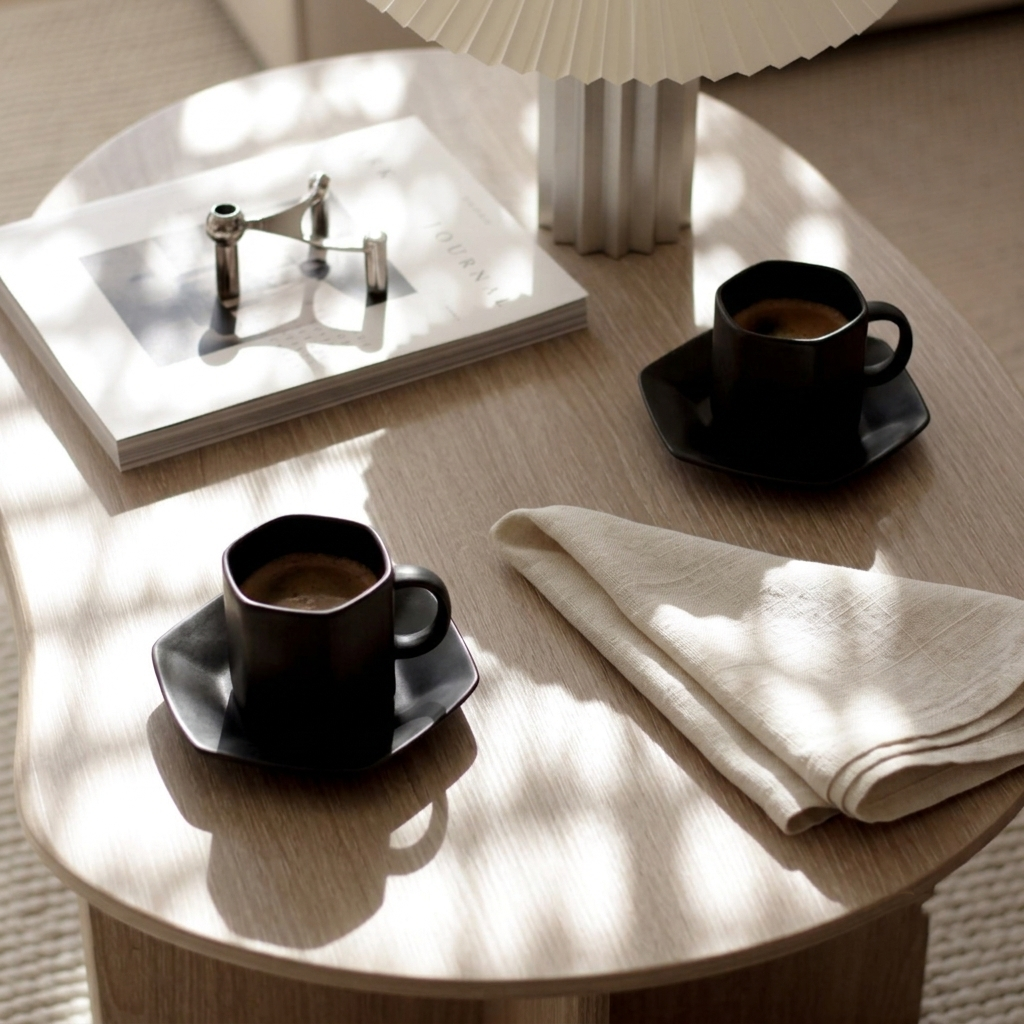 Modernist Matte Black Hexagonal Cup & Saucer Set
