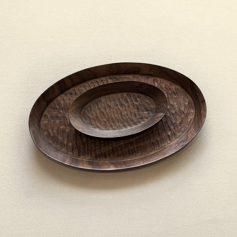 Hand-Carved Oval Walnut Tray Set