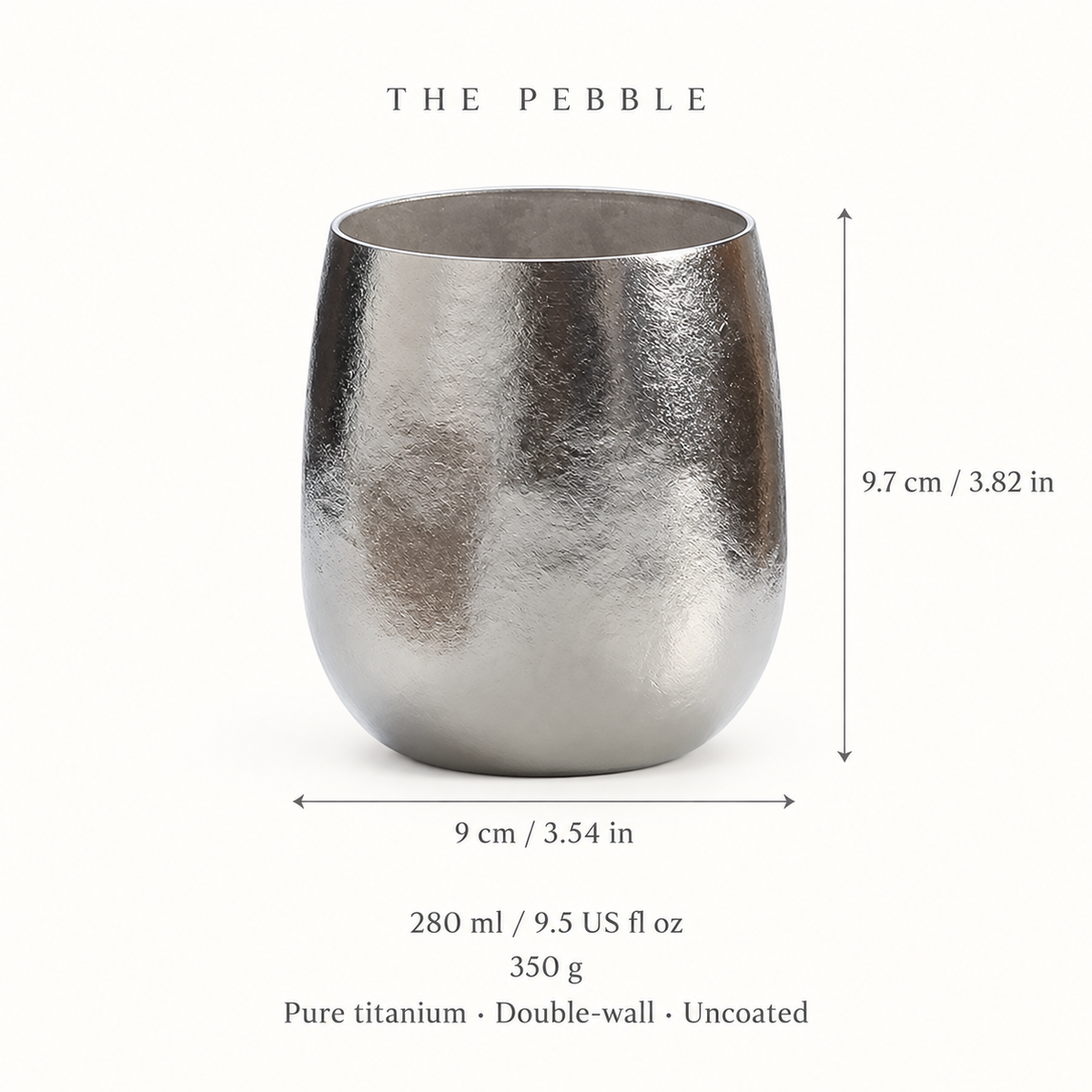 Pebble titanium cup dimensions: 9 by 9 by 9.7 cm, 280ml capacity and 350g weight