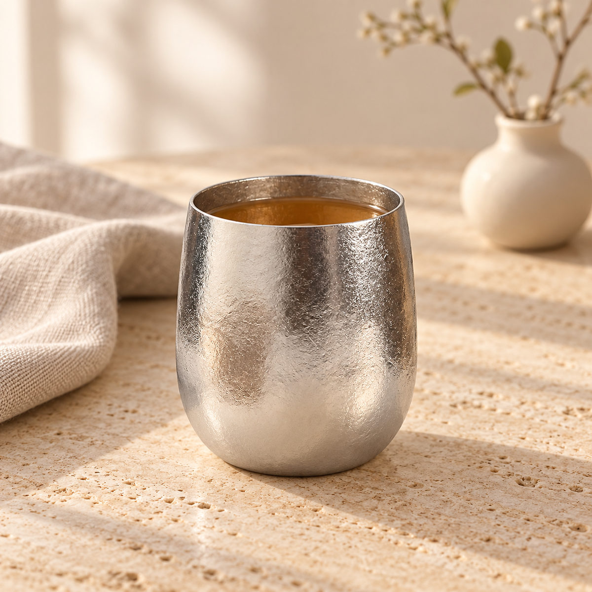 Pebble titanium tea cup on a cream stone table with beige linen
