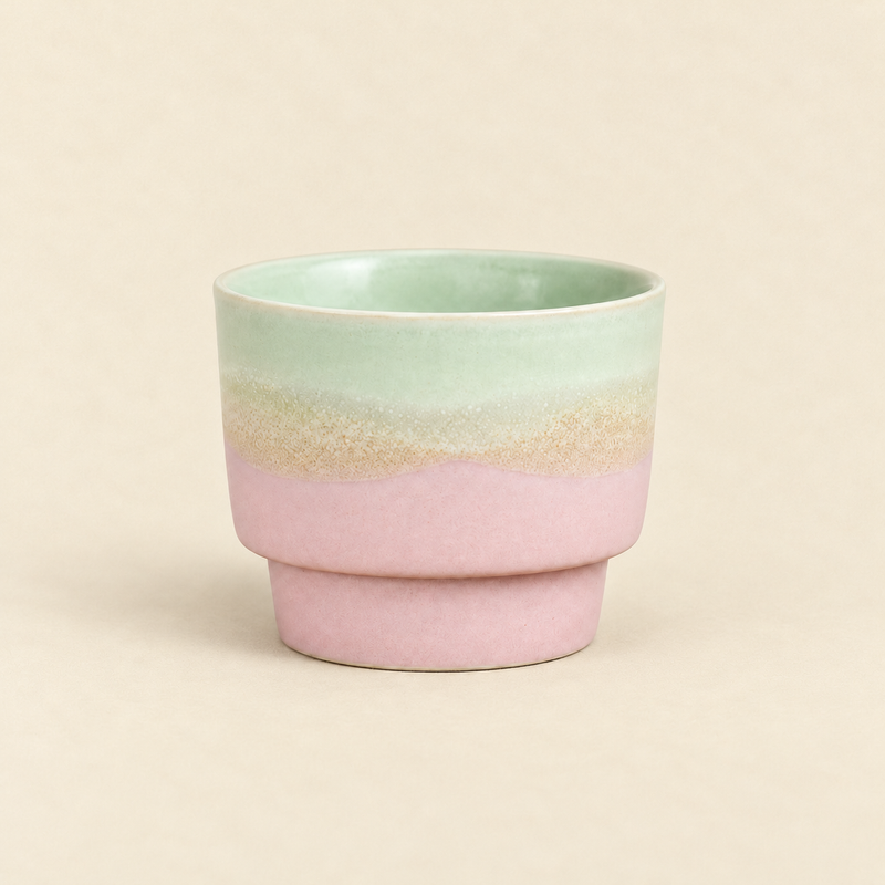 Pink 170 ml handleless ceramic coffee cup with cream and pale celadon gradient glaze