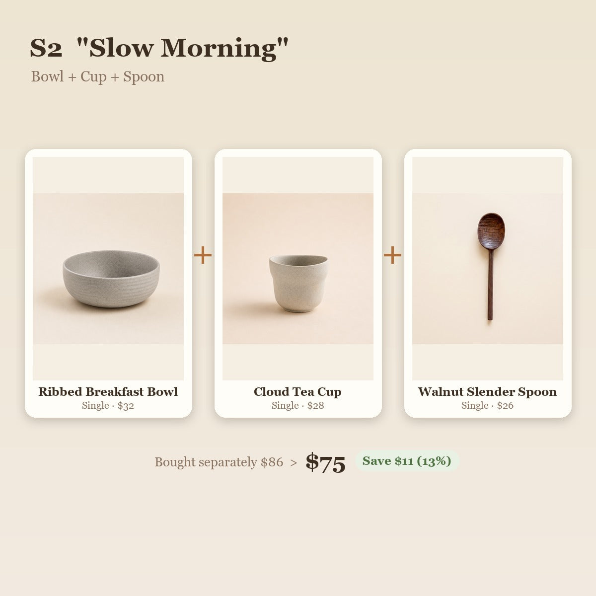 "Slow Morning" Handmade Breakfast Set - Stoneware Bowl, Cloud Cup & Walnut Spoon