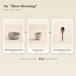 "Slow Morning" Handmade Breakfast Set - Stoneware Bowl, Cloud Cup & Walnut Spoon